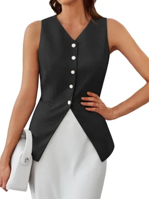Tankaneo Womens Summer Suit Vest Tops Fashion Casual Sleeveless Blazers Split Hem Button Down Linen Work Waistcoat