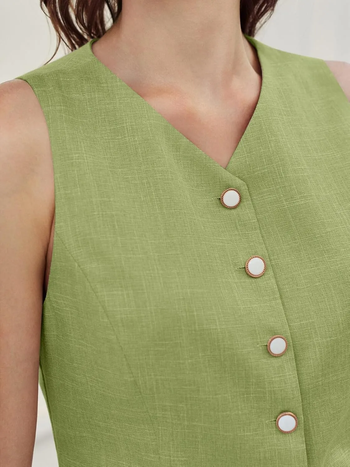 Tankaneo Womens Summer Suit Vest Tops Fashion Casual Sleeveless Blazers Split Hem Button Down Linen Work Waistcoat