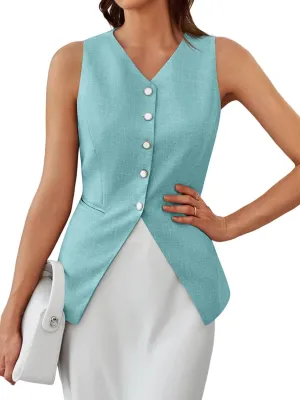 Tankaneo Womens Summer Suit Vest Tops Fashion Casual Sleeveless Blazers Split Hem Button Down Linen Work Waistcoat