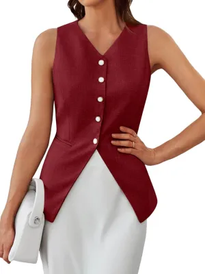 Tankaneo Womens Summer Suit Vest Tops Fashion Casual Sleeveless Blazers Split Hem Button Down Linen Work Waistcoat