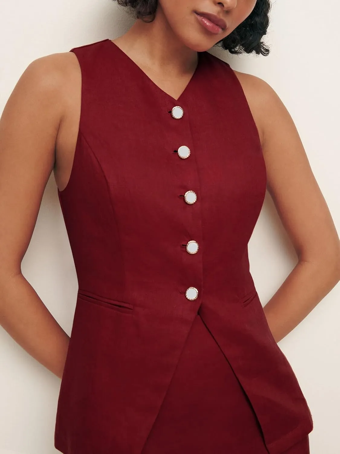 Tankaneo Womens Summer Suit Vest Tops Fashion Casual Sleeveless Blazers Split Hem Button Down Linen Work Waistcoat