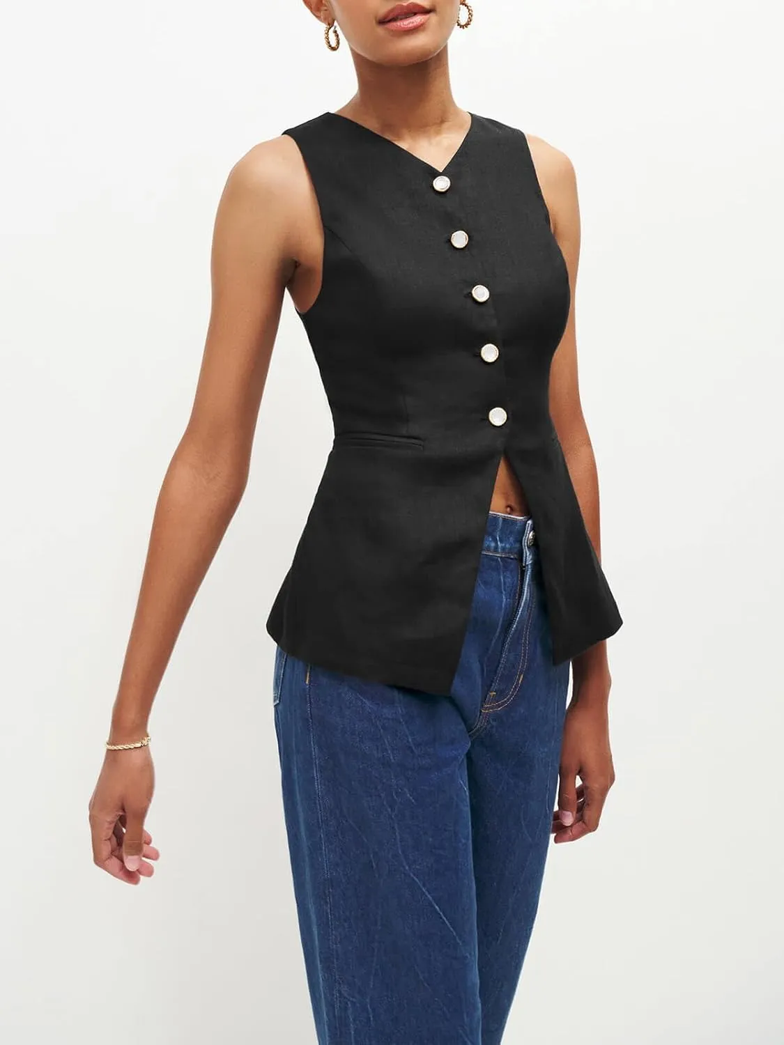 Tankaneo Womens Summer Suit Vest Tops Fashion Casual Sleeveless Blazers Split Hem Button Down Linen Work Waistcoat