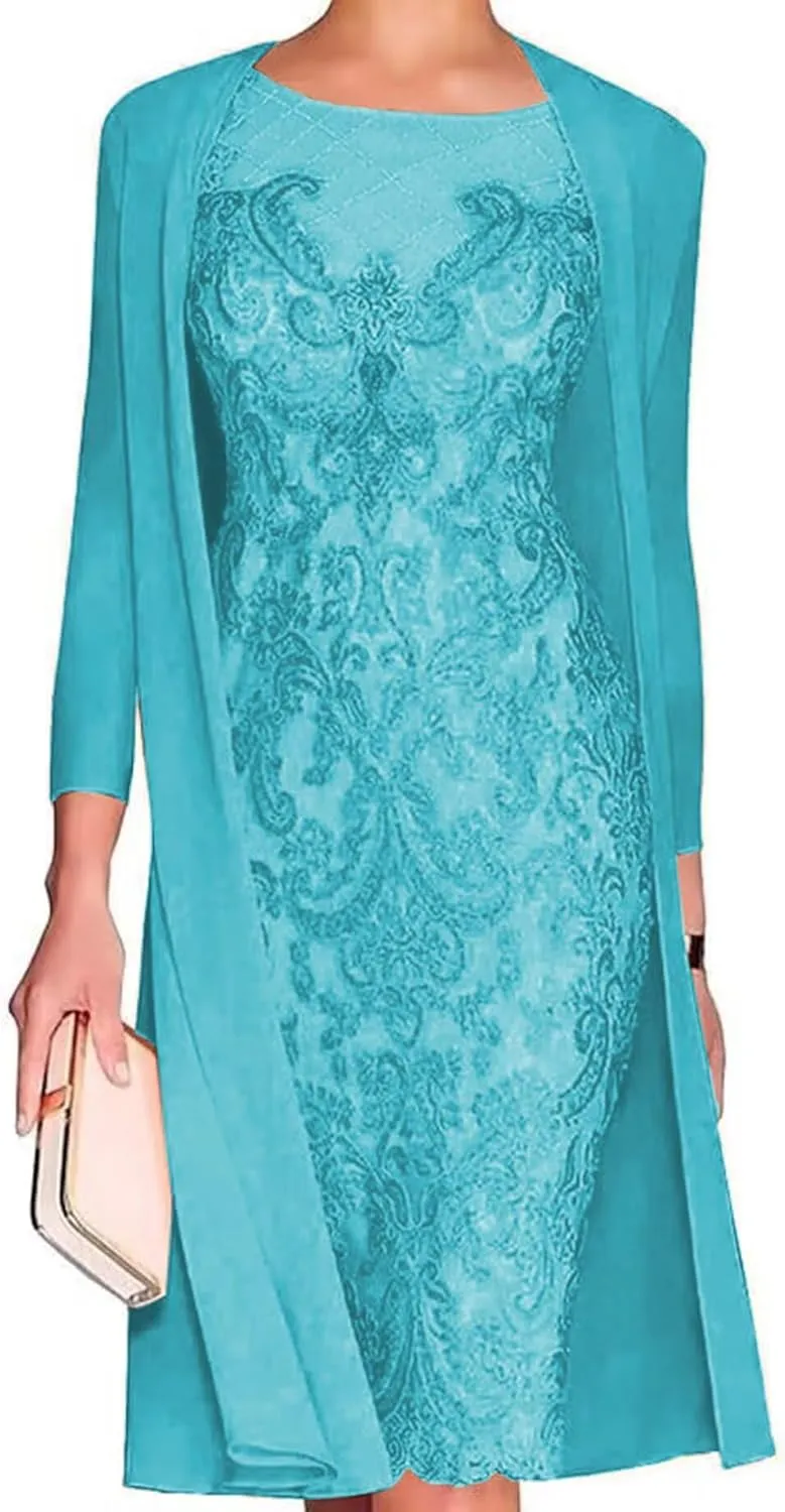 Tea Length Mother of The Bride Dresses for Wedding with Jacket Chiffon 2PC Elegant Grandmother of The Bride Dress