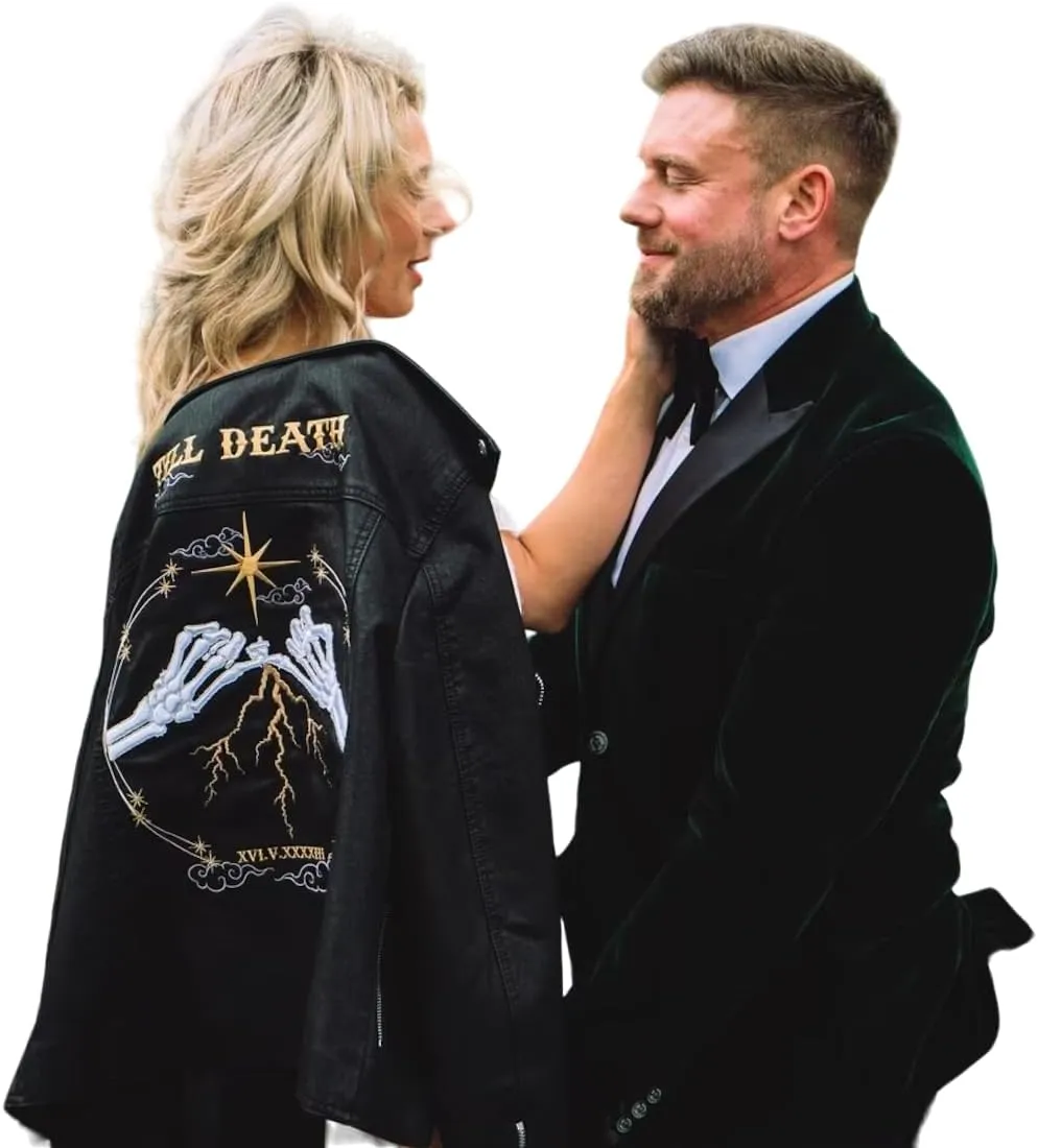 Till Death Black/Ivory Bride Leather Jacket Gothic Celestial Western Wedding