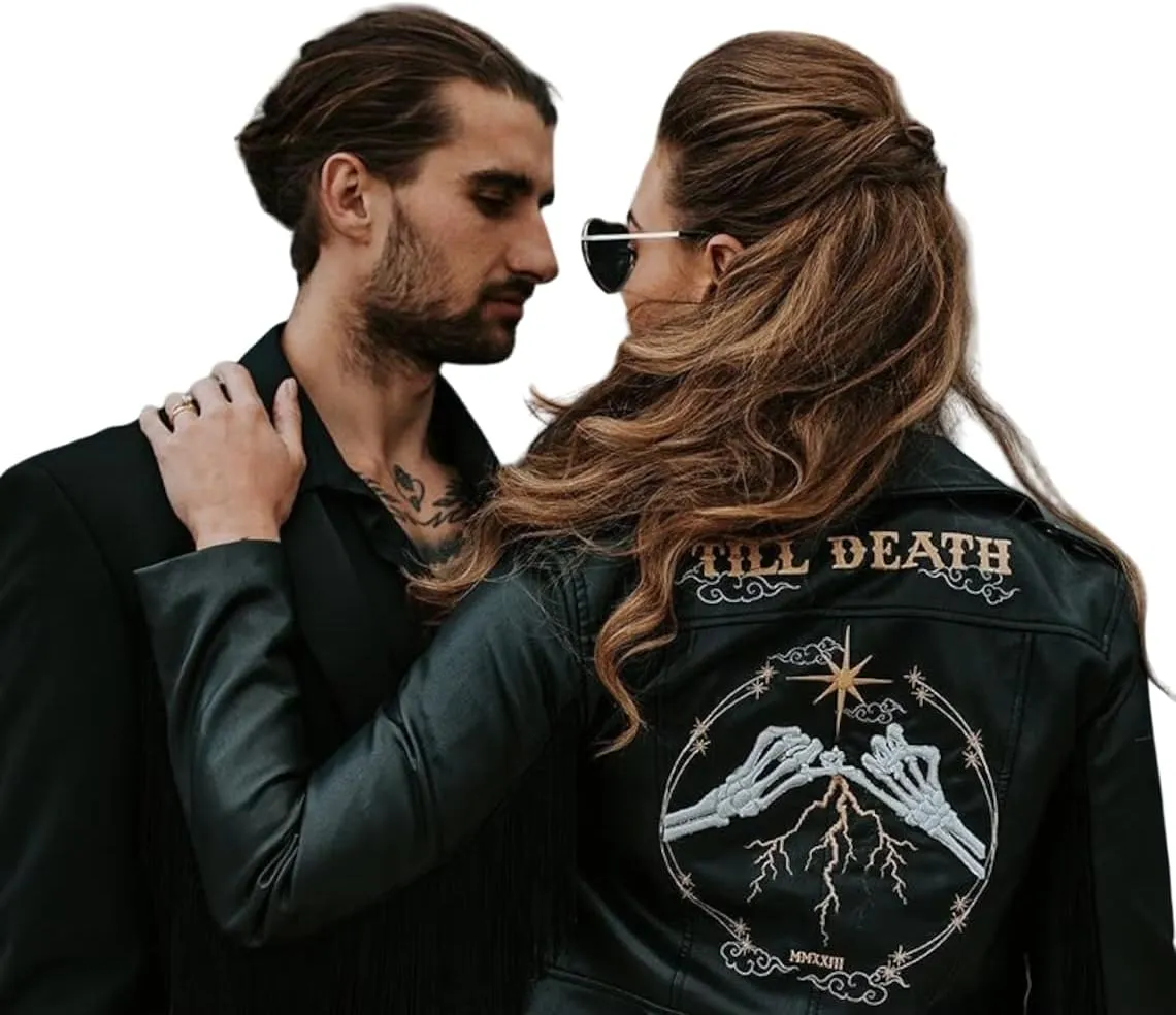 Till Death Black/Ivory Bride Leather Jacket Gothic Celestial Western Wedding