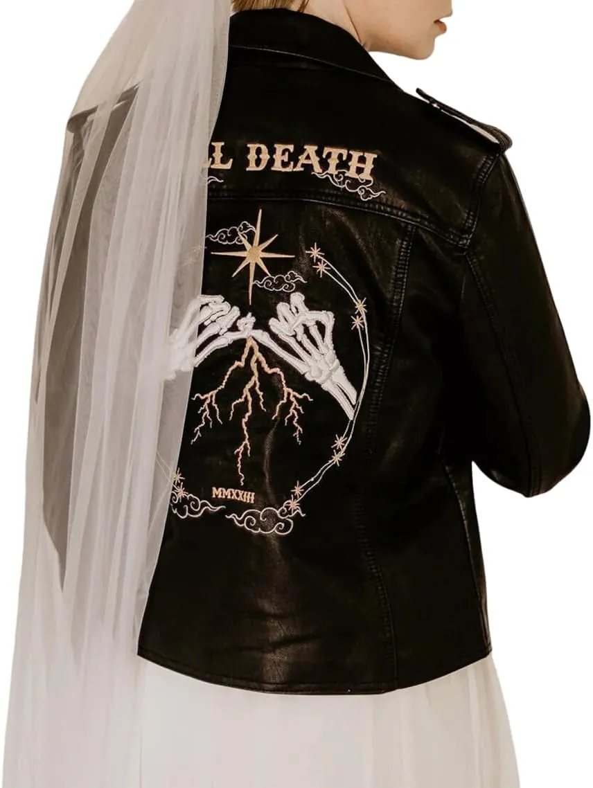 Till Death Black/Ivory Bride Leather Jacket Gothic Celestial Western Wedding