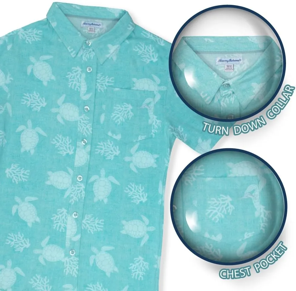 Tommy Bahama Boys Classic Woven Button-Down Shirt - Summer Short-Sleeve Hawaiian Shirt with Pocket for Kids