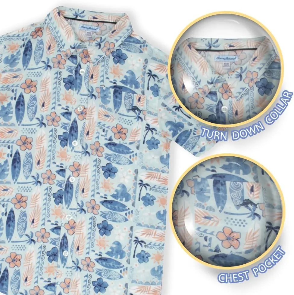 Tommy Bahama Boys Classic Woven Button-Down Shirt - Summer Short-Sleeve Hawaiian Shirt with Pocket for Kids
