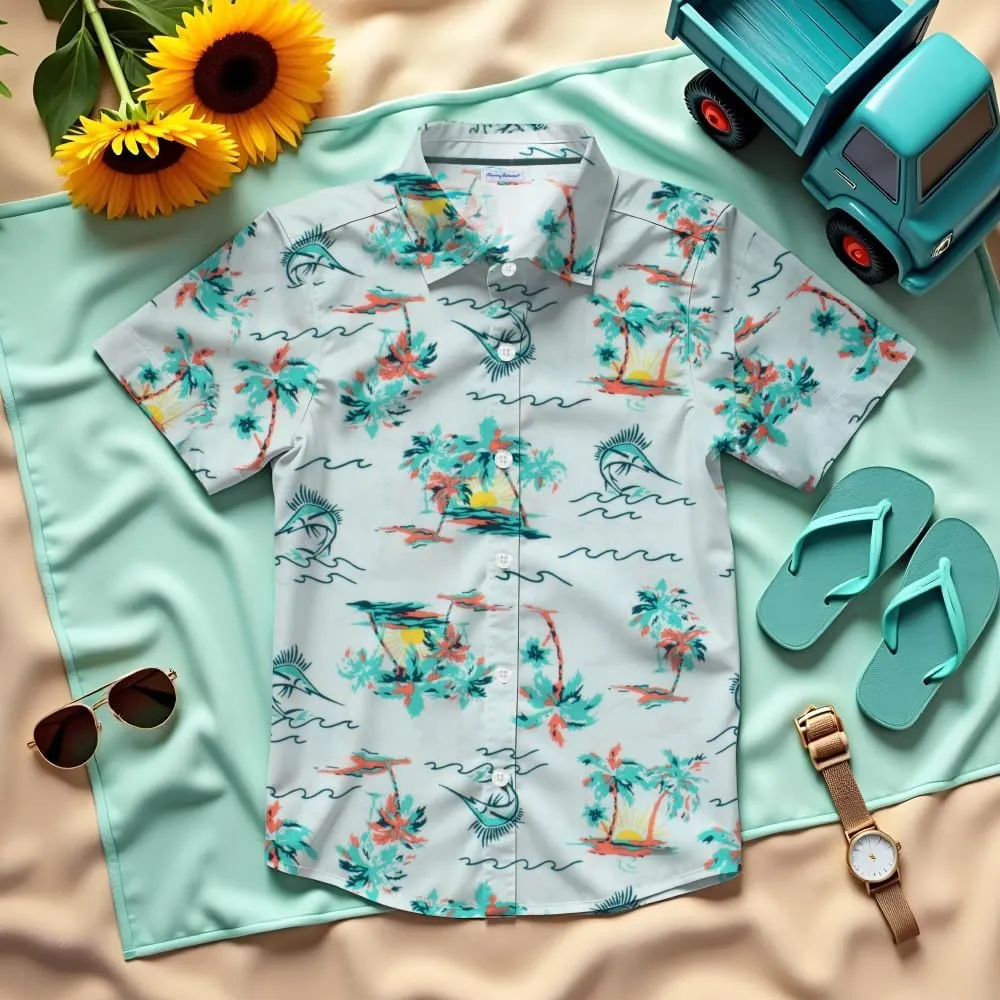 Tommy Bahama Boys Classic Woven Button-Down Shirt - Summer Short-Sleeve Hawaiian Shirt with Pocket for Kids