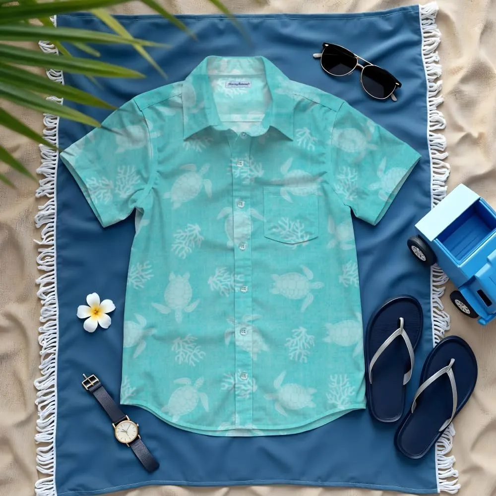 Tommy Bahama Boys Classic Woven Button-Down Shirt - Summer Short-Sleeve Hawaiian Shirt with Pocket for Kids