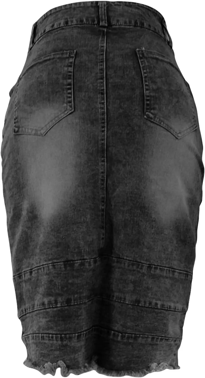 Trendy Tie Up Denim Skirt for Women Split High Waist Stretch Jean Midi Skirt Casual Slim Fit Long Pencil Skirt
