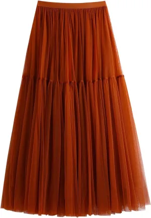 Tulle Skirts for Women Midi Long Fairy Skirt Tutu A-Line Mesh Layered High Elastic Waist Skirts Clothes for Women