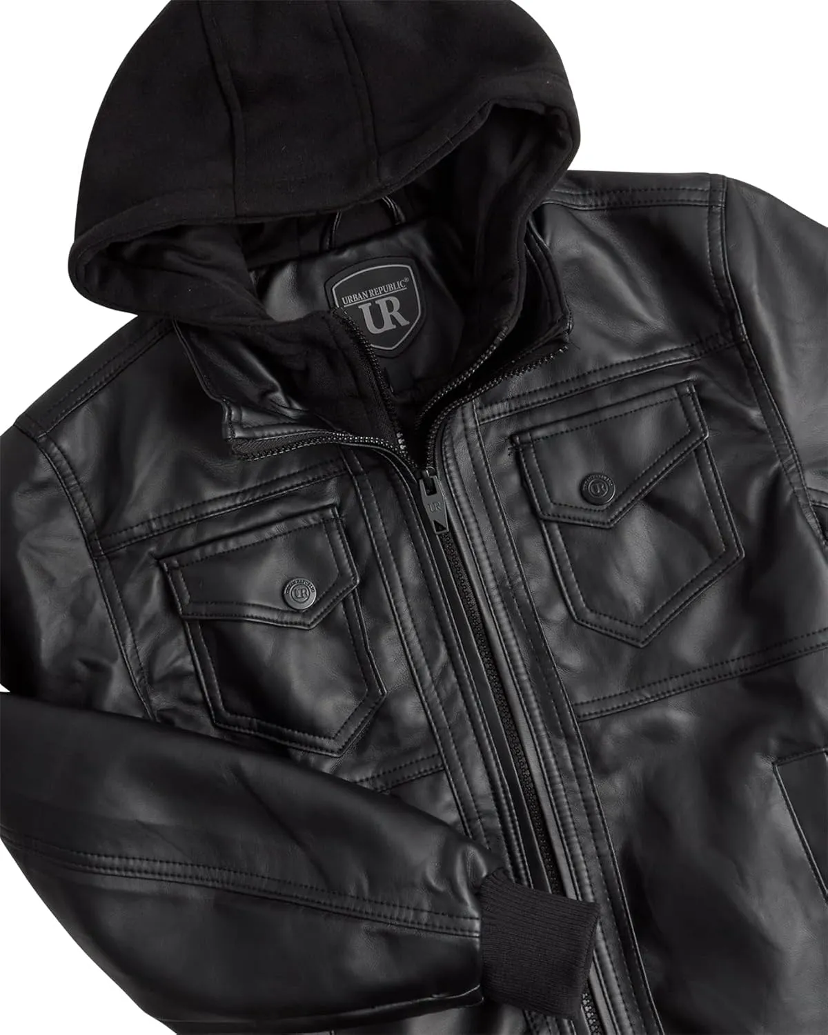 URBAN REPUBLIC Boys' Faux Leather Hooded Bomber Jacket - Fleece Lined Full Zip Casual Outerwear Jacket for Boys (Sizes:8-20)