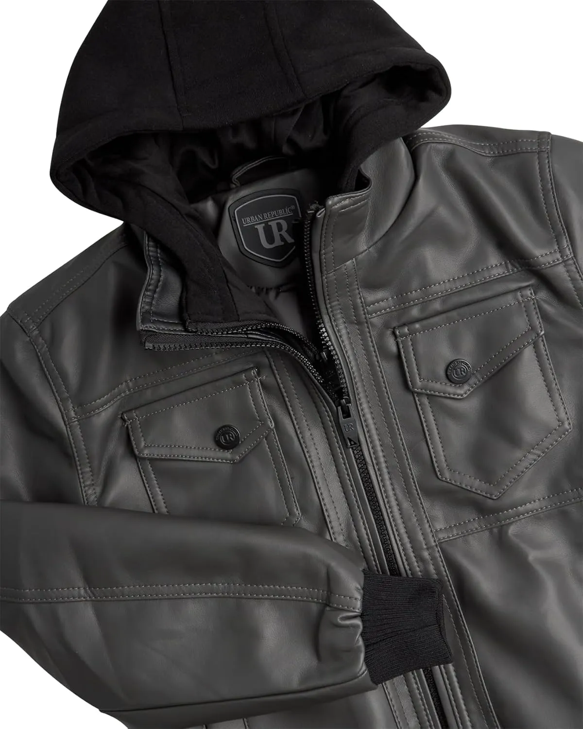 URBAN REPUBLIC Boys' Faux Leather Hooded Bomber Jacket - Fleece Lined Full Zip Casual Outerwear Jacket for Boys (Sizes:8-20)