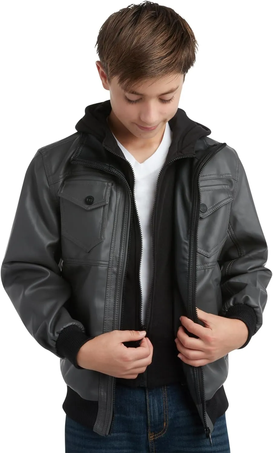 URBAN REPUBLIC Boys' Faux Leather Hooded Bomber Jacket - Fleece Lined Full Zip Casual Outerwear Jacket for Boys (Sizes:8-20)