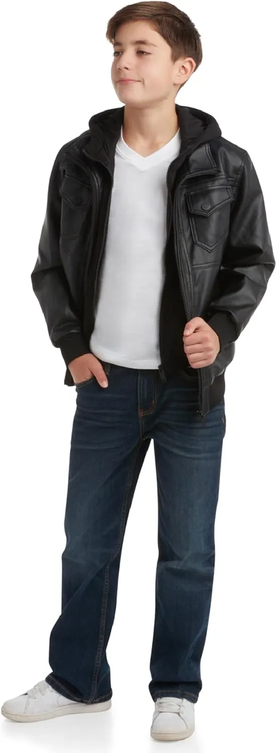 URBAN REPUBLIC Boys' Faux Leather Hooded Bomber Jacket - Fleece Lined Full Zip Casual Outerwear Jacket for Boys (Sizes:8-20)