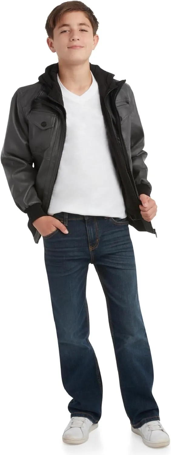 URBAN REPUBLIC Boys' Faux Leather Hooded Bomber Jacket - Fleece Lined Full Zip Casual Outerwear Jacket for Boys (Sizes:8-20)