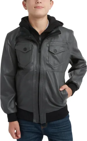 URBAN REPUBLIC Boys' Faux Leather Hooded Bomber Jacket - Fleece Lined Full Zip Casual Outerwear Jacket for Boys (Sizes:8-20)