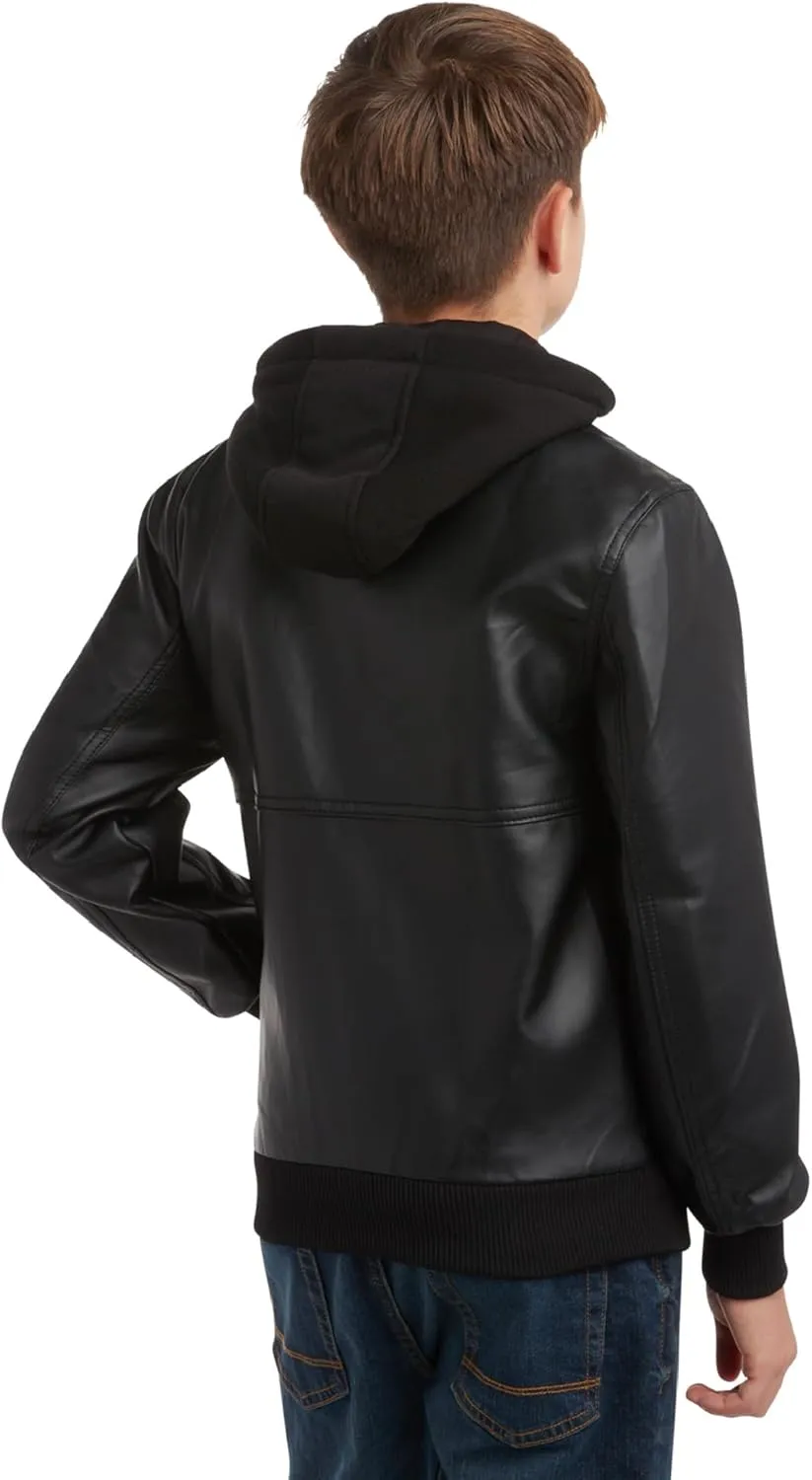 URBAN REPUBLIC Boys' Faux Leather Hooded Bomber Jacket - Fleece Lined Full Zip Casual Outerwear Jacket for Boys (Sizes:8-20)