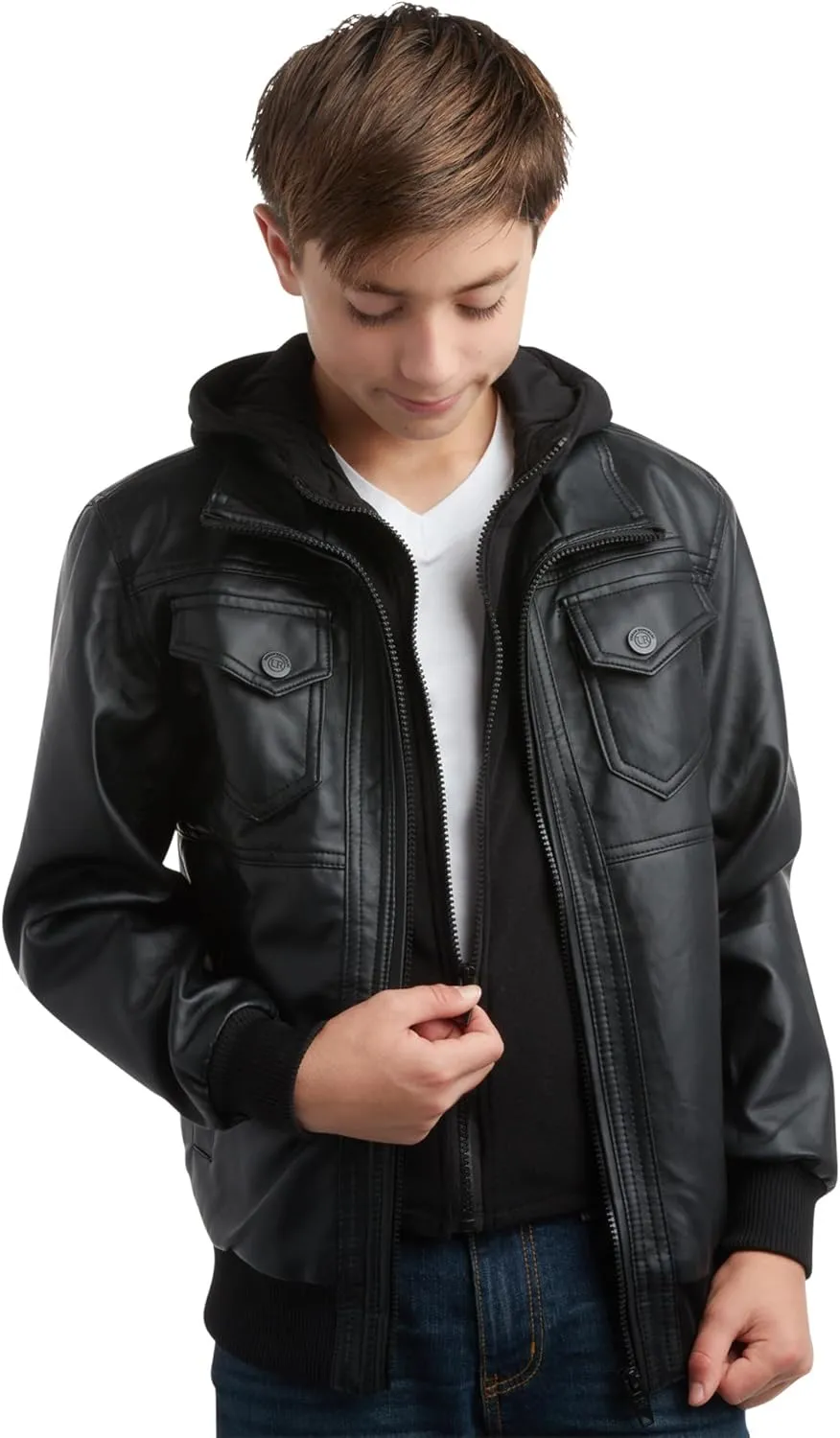 URBAN REPUBLIC Boys' Faux Leather Hooded Bomber Jacket - Fleece Lined Full Zip Casual Outerwear Jacket for Boys (Sizes:8-20)