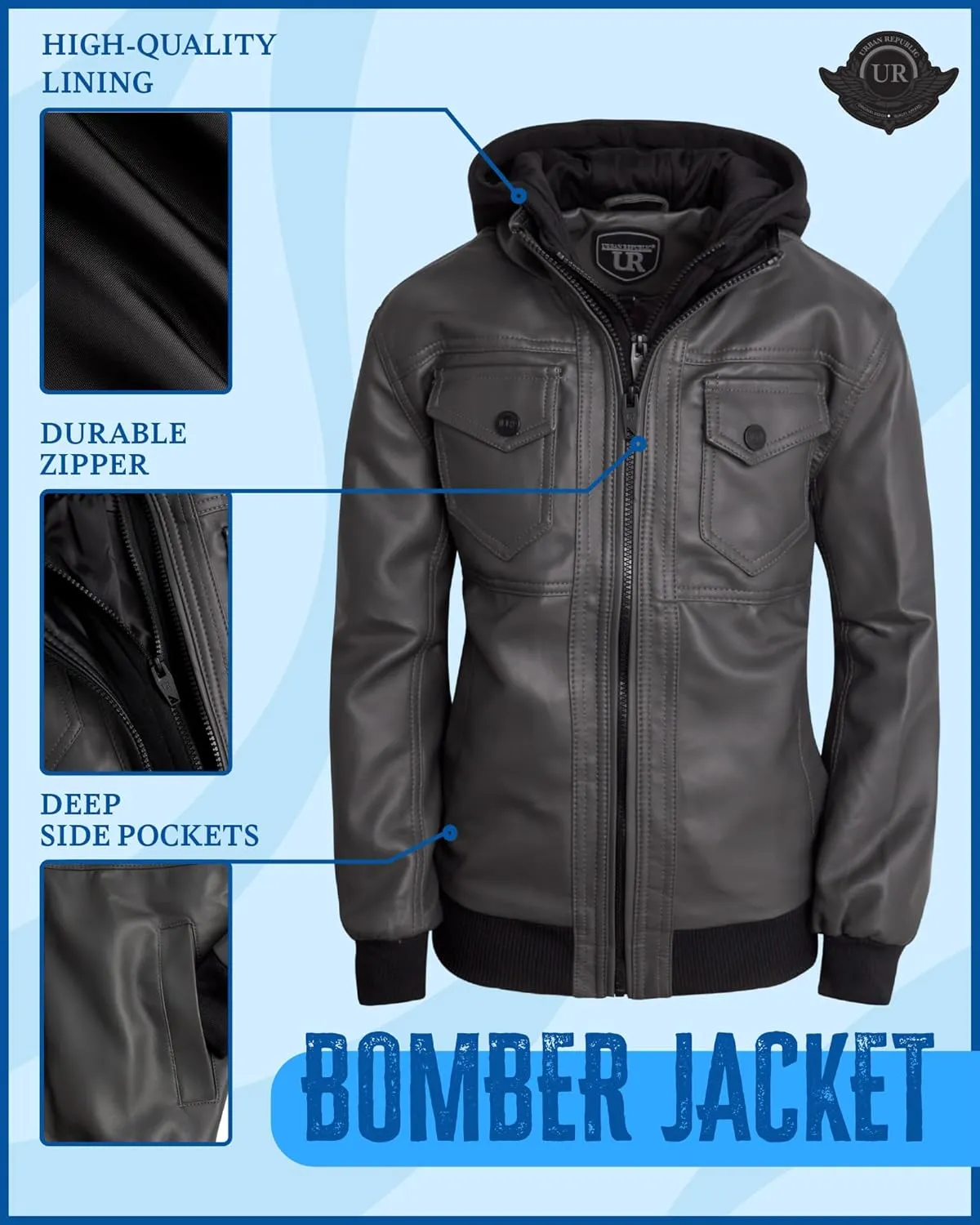 URBAN REPUBLIC Boys' Faux Leather Hooded Bomber Jacket - Fleece Lined Full Zip Casual Outerwear Jacket for Boys (Sizes:8-20)