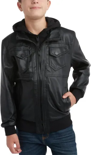 URBAN REPUBLIC Boys' Faux Leather Hooded Bomber Jacket - Fleece Lined Full Zip Casual Outerwear Jacket for Boys (Sizes:8-20)