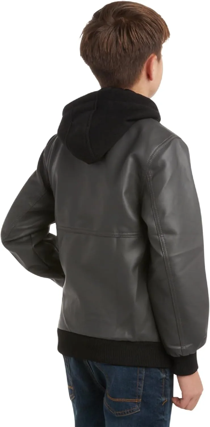 URBAN REPUBLIC Boys' Faux Leather Hooded Bomber Jacket - Fleece Lined Full Zip Casual Outerwear Jacket for Boys (Sizes:8-20)