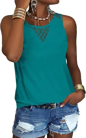 Veatzaer Women's Lace Tank Tops for Summer Crew Neck Casual Loose Fit Solid Sleeveless Shirt Lace Tanks