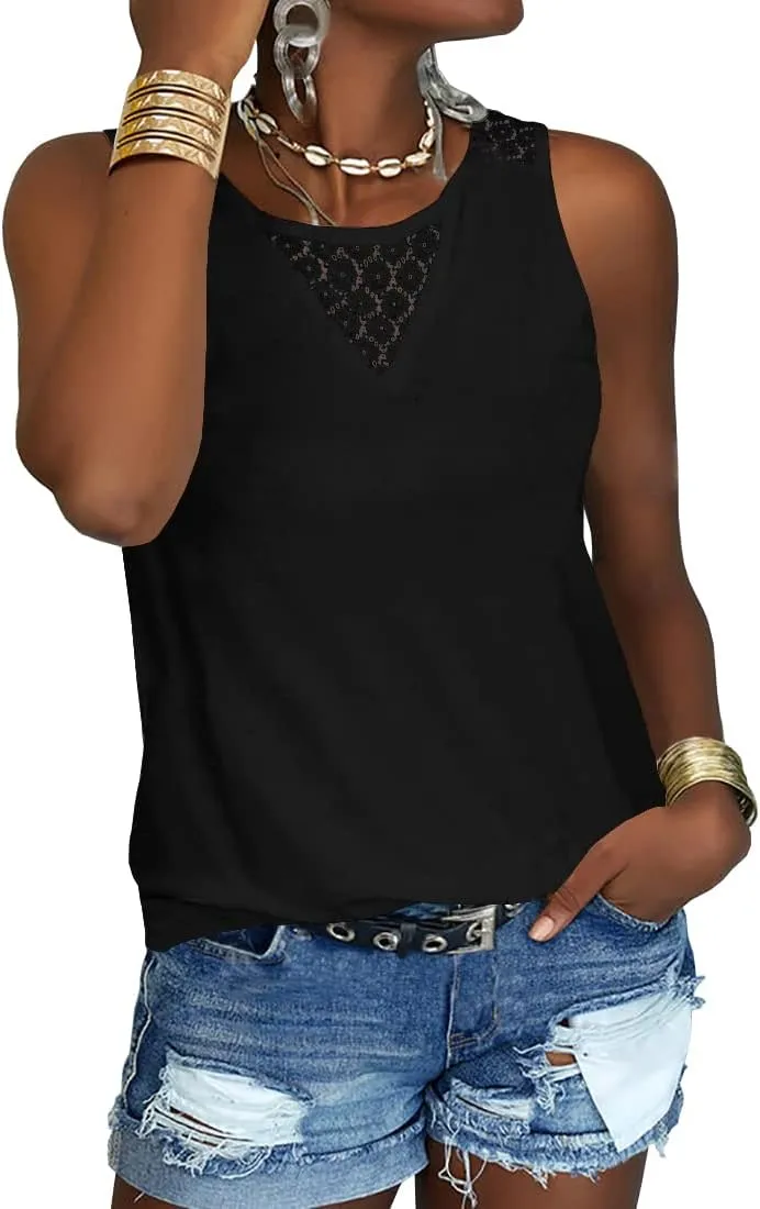 Veatzaer Women's Lace Tank Tops for Summer Crew Neck Casual Loose Fit Solid Sleeveless Shirt Lace Tanks