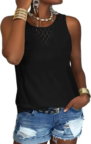 Veatzaer Women's Lace Tank Tops for Summer Crew Neck Casual Loose Fit Solid Sleeveless Shirt Lace Tanks