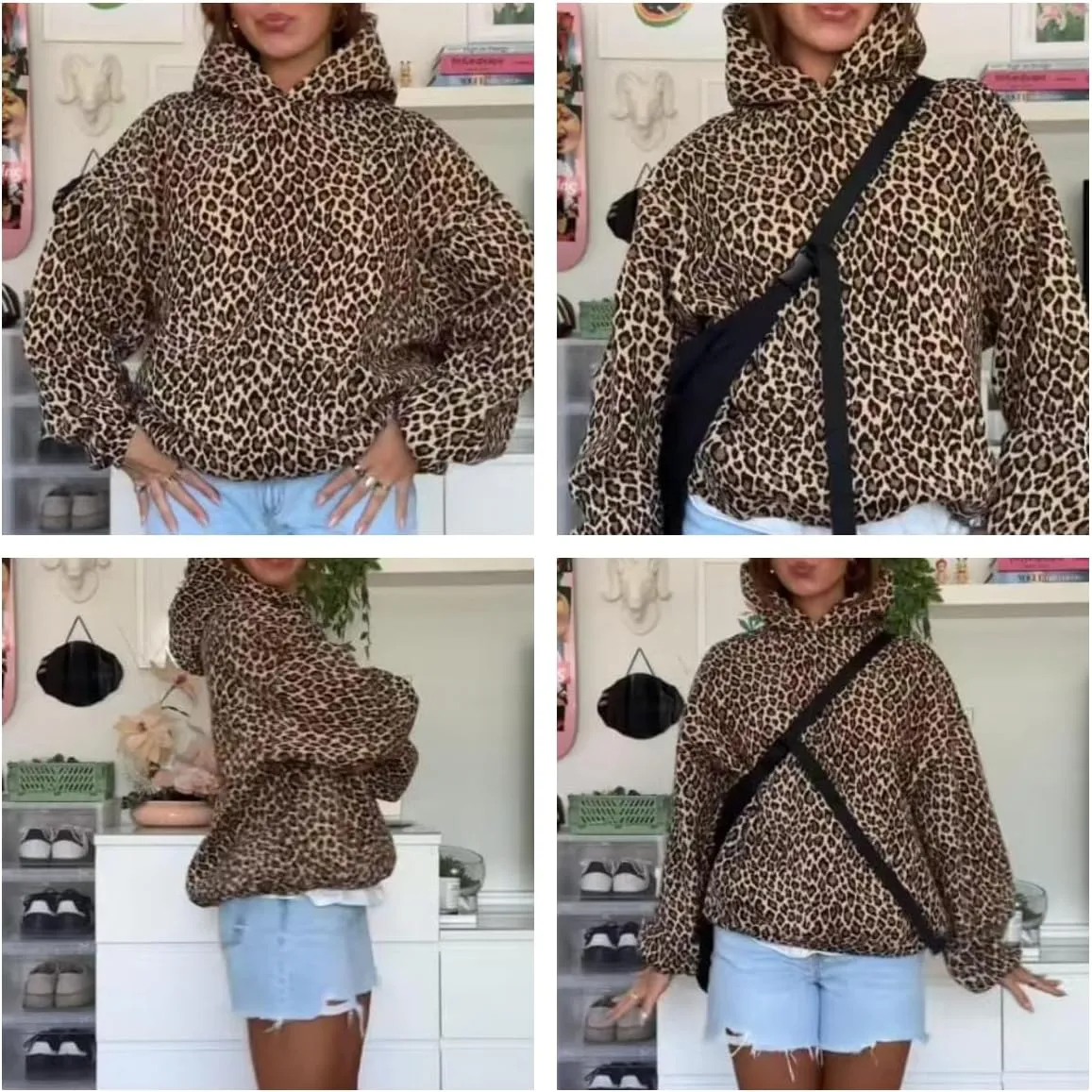 Vhitler Oversized Leopard Print Hoodie Cheetah Print Streetwear 2000s Pullover Sweatshirt Hooded Y2k Graphic Hoodies
