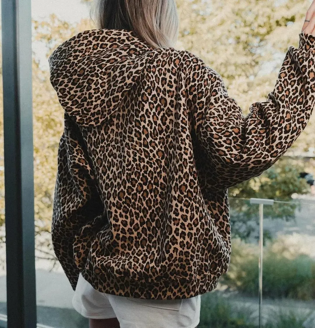 Vhitler Oversized Leopard Print Hoodie Zip Up Hoodie Cheetah Print Streetwear 2000s Pullover Sweatshirt Y2k Graphic Hoodies