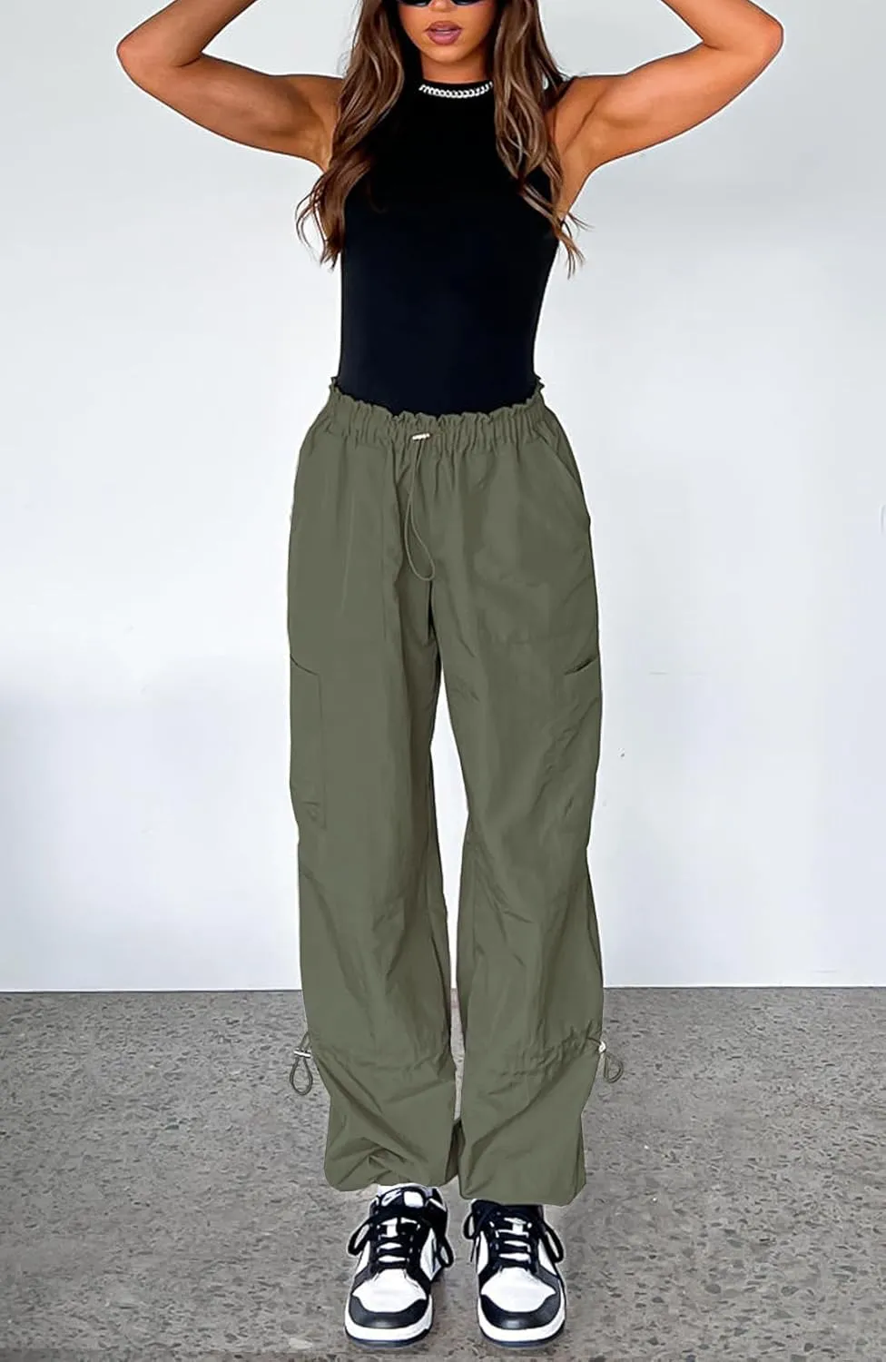 Waitfairy Cargo Pants Women Drawstring Elastic Waist Baggy Parachute Pants Woman Y2K Bottoms with Multiple Pockets