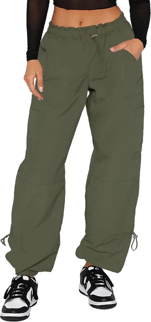 Waitfairy Cargo Pants Women Drawstring Elastic Waist Baggy Parachute Pants Woman Y2K Bottoms with Multiple Pockets