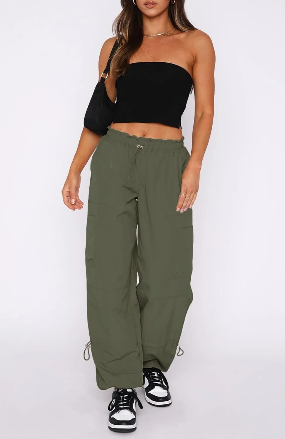 Waitfairy Cargo Pants Women Drawstring Elastic Waist Baggy Parachute Pants Woman Y2K Bottoms with Multiple Pockets