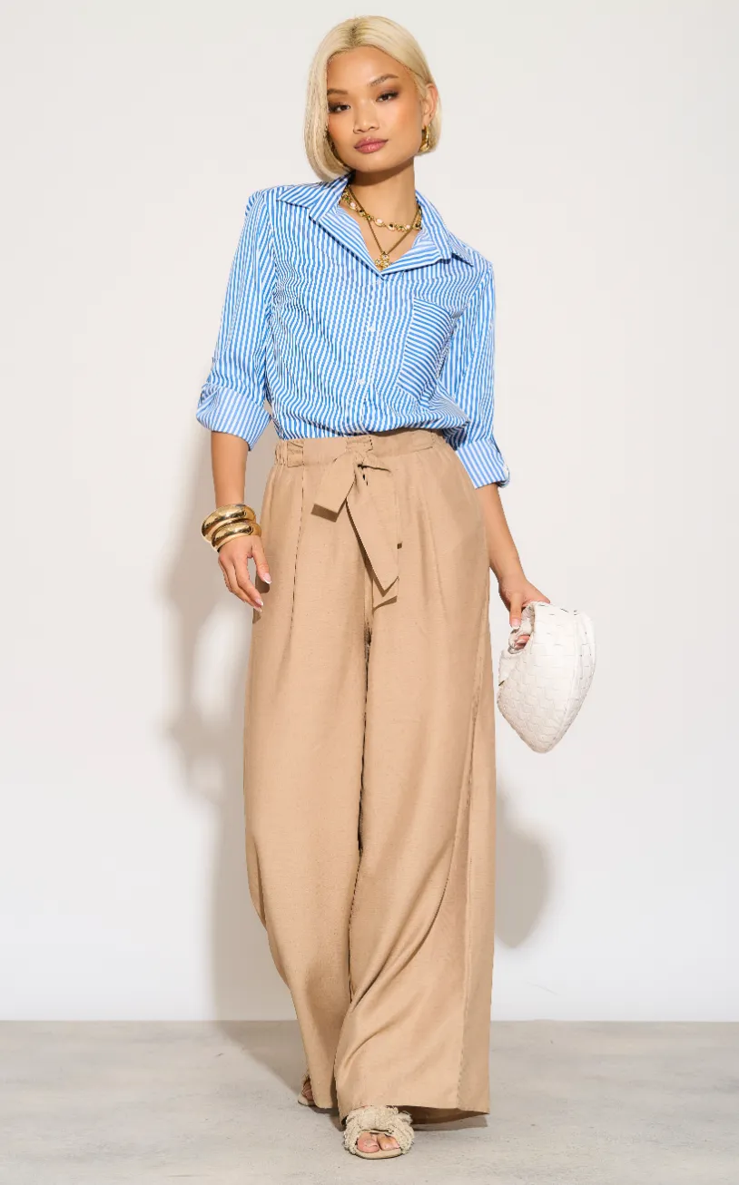 Wide Leg Trousers with Belt in Beige