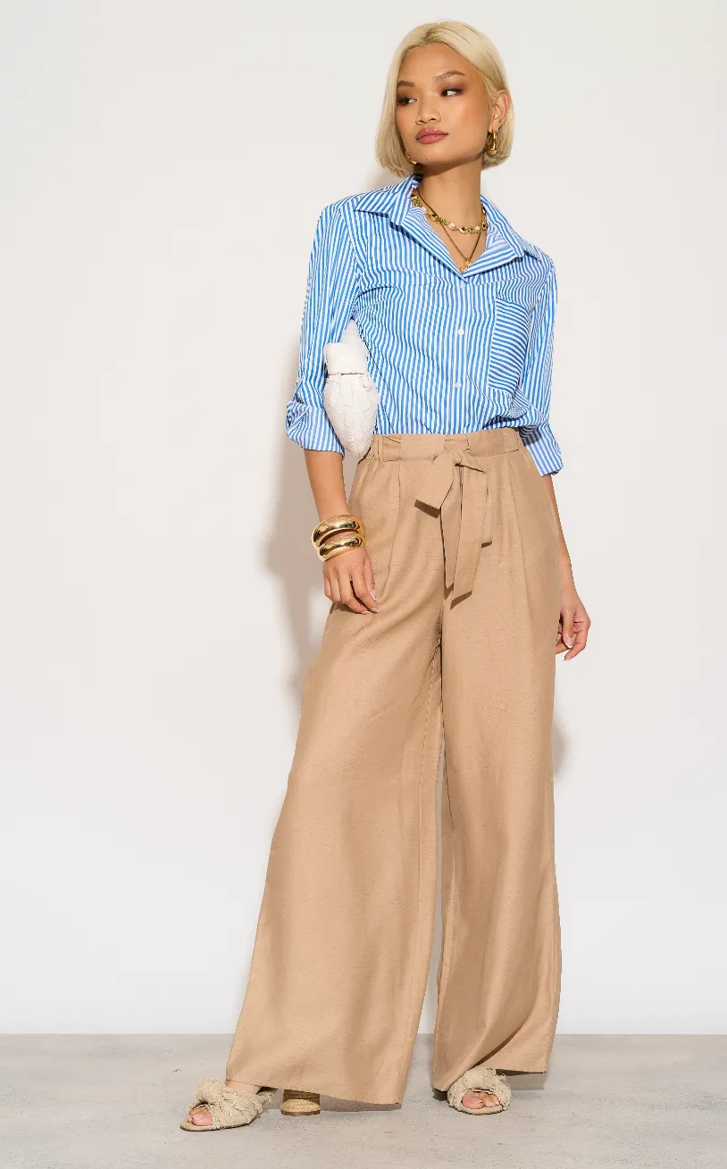 Wide Leg Trousers with Belt in Beige