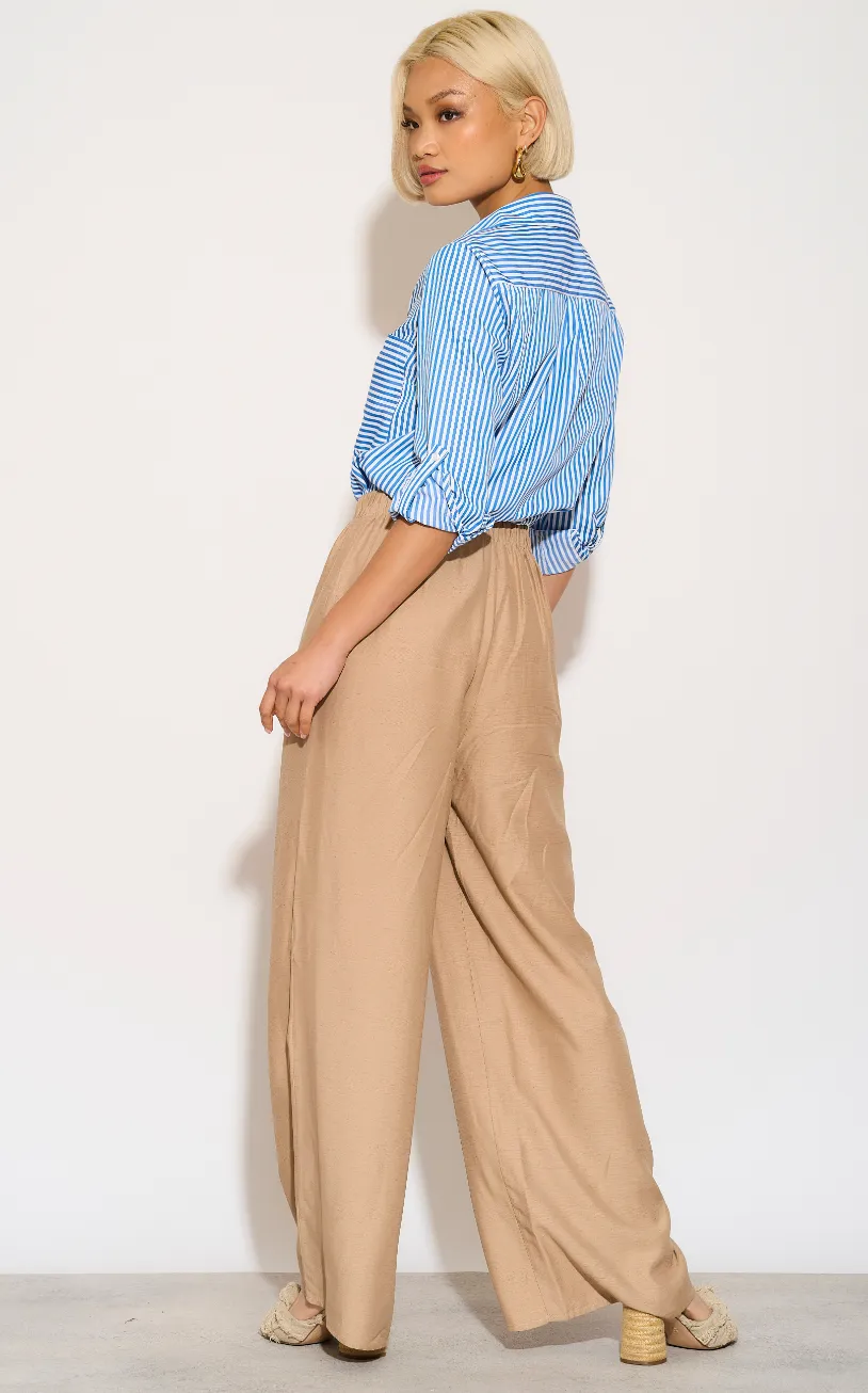 Wide Leg Trousers with Belt in Beige