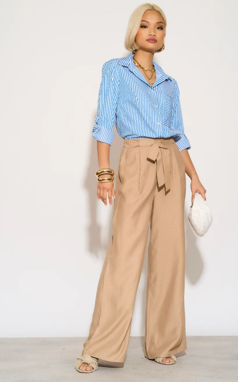 Wide Leg Trousers with Belt in Beige