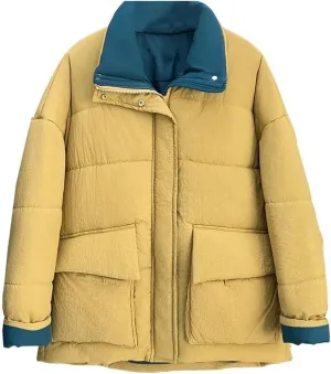 Winter Block Color Collar Long Cotton-Padded Coat Women's Warm Parka
