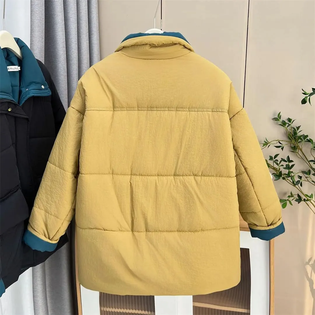 Winter Block Color Collar Long Cotton-Padded Coat Women's Warm Parka