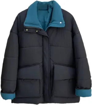 Winter Block Color Collar Long Cotton-Padded Coat Women's Warm Parka
