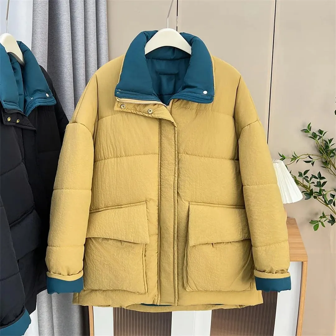 Winter Block Color Collar Long Cotton-Padded Coat Women's Warm Parka