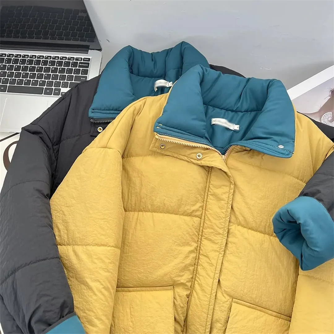 Winter Block Color Collar Long Cotton-Padded Coat Women's Warm Parka