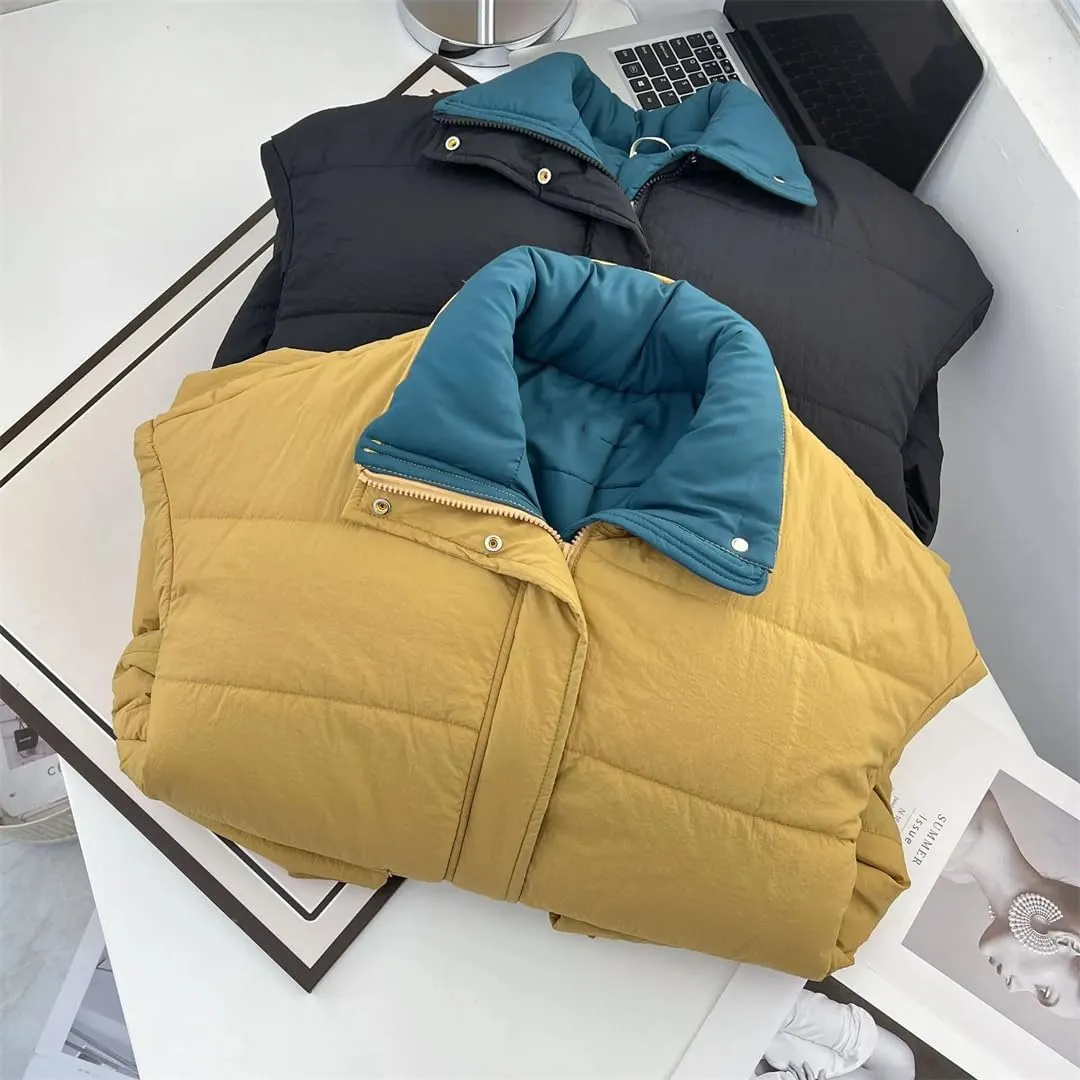 Winter Block Color Collar Long Cotton-Padded Coat Women's Warm Parka