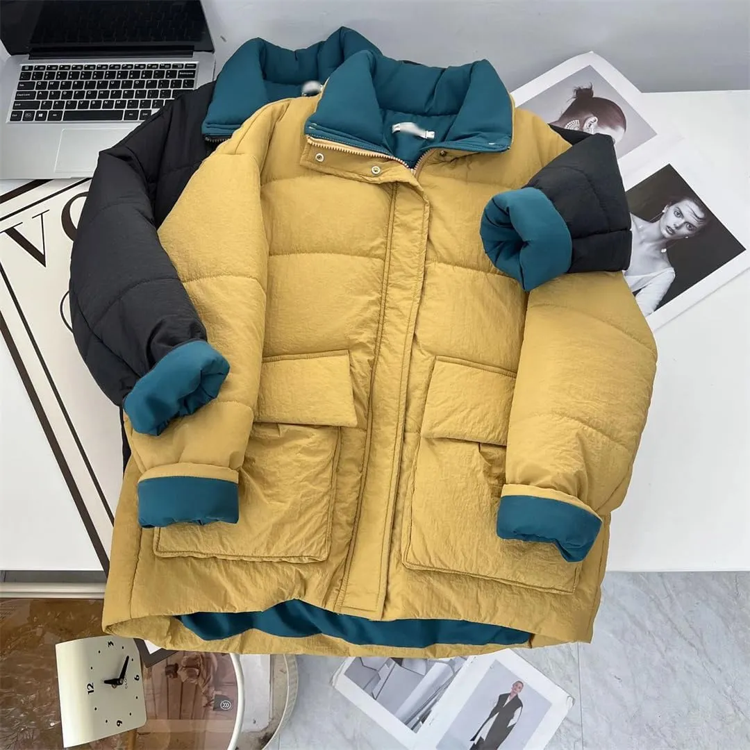 Winter Block Color Collar Long Cotton-Padded Coat Women's Warm Parka