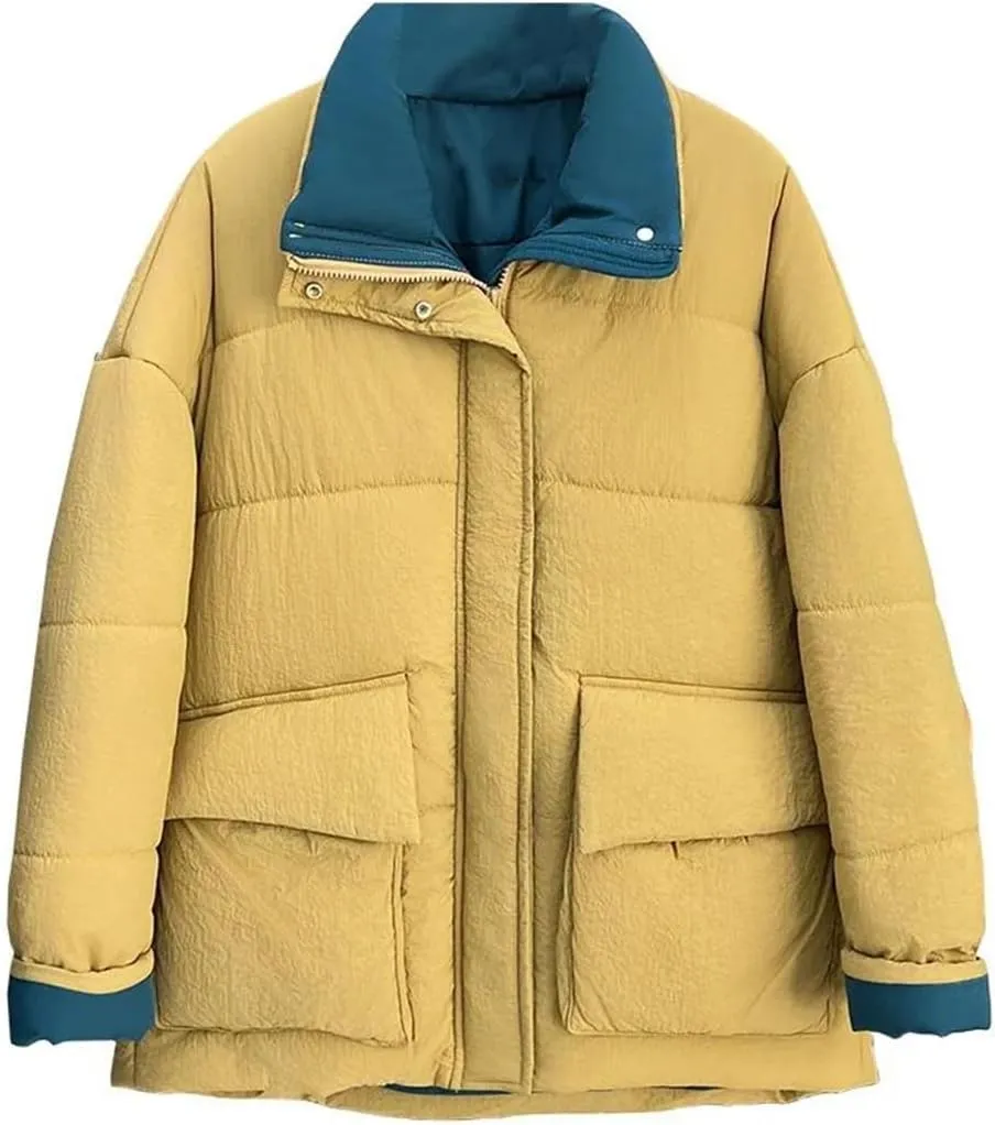 Winter Block Color Collar Long Cotton-Padded Coat Women's Warm Parka
