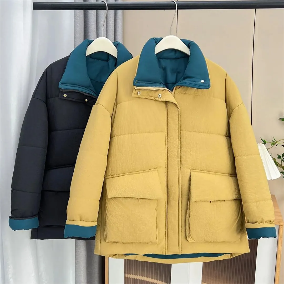 Winter Block Color Collar Long Cotton-Padded Coat Women's Warm Parka