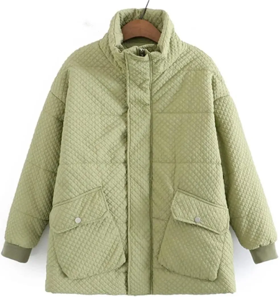 Winter Parka Women's Double Pockets Stand Collar Down Cotton Padded Jacket Loose Warm Coat