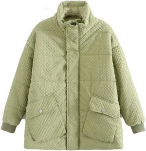 Winter Parka Women's Double Pockets Stand Collar Down Cotton Padded Jacket Loose Warm Coat